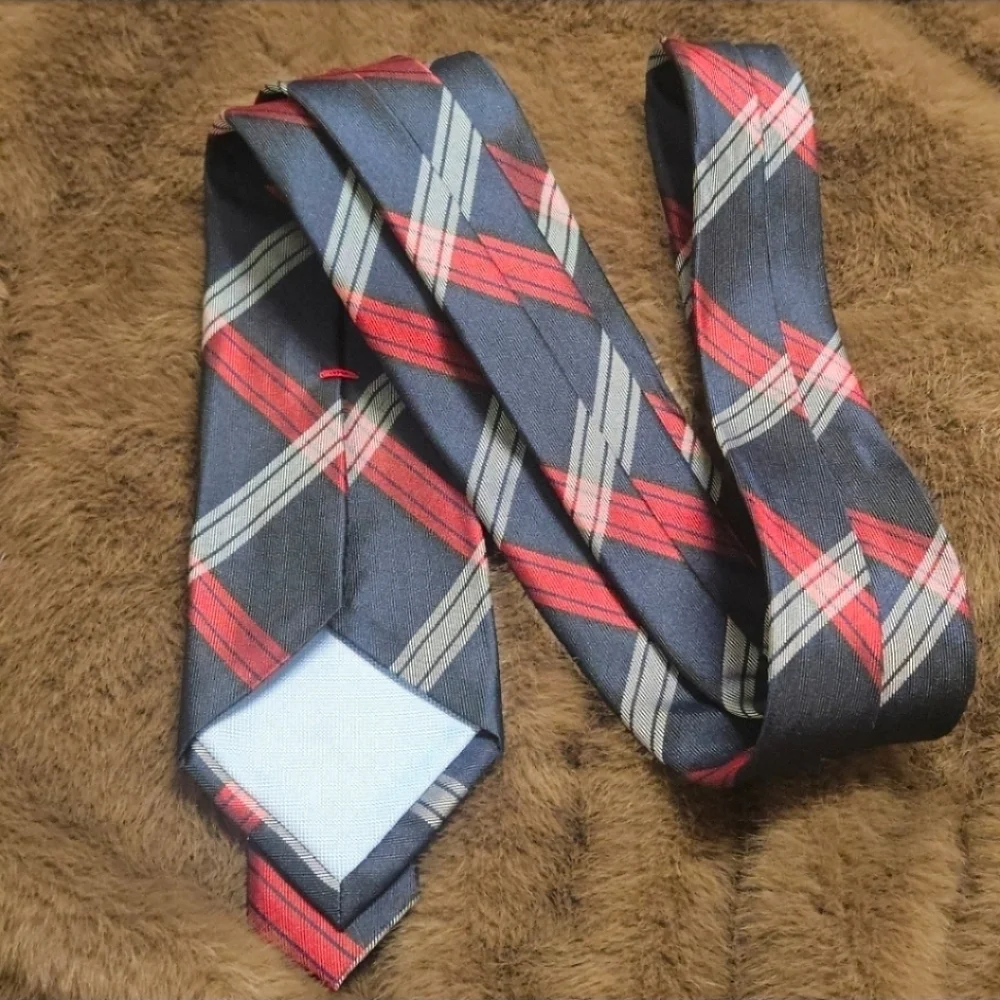 Tommy Hilfiger Navy Plaid Silk Tie with Red & White Stripes